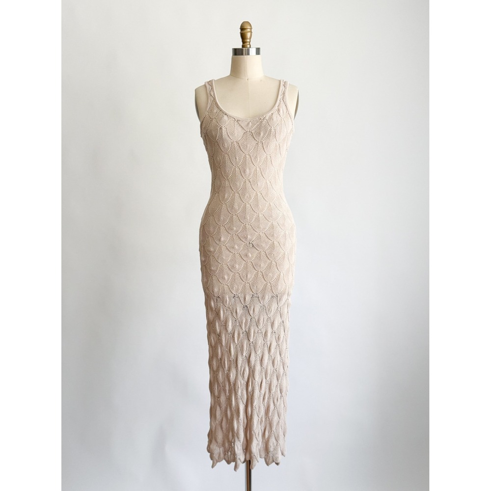 JLUXLABEL Maxi Dress Knit Scale Pattern S Beige Scoop Neck Sleeveless Scalloped‎
